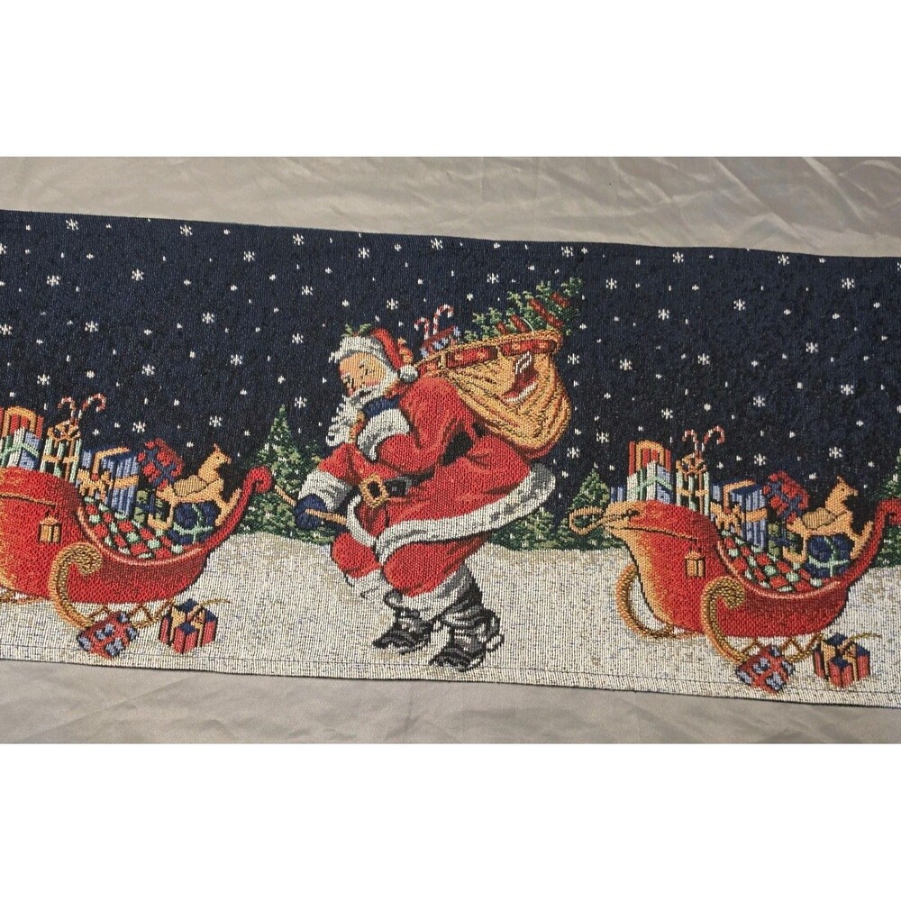 Vtg Christmas Table Runner 4 Place Mat Set Tapestry Santa Sleigh Toy Bag